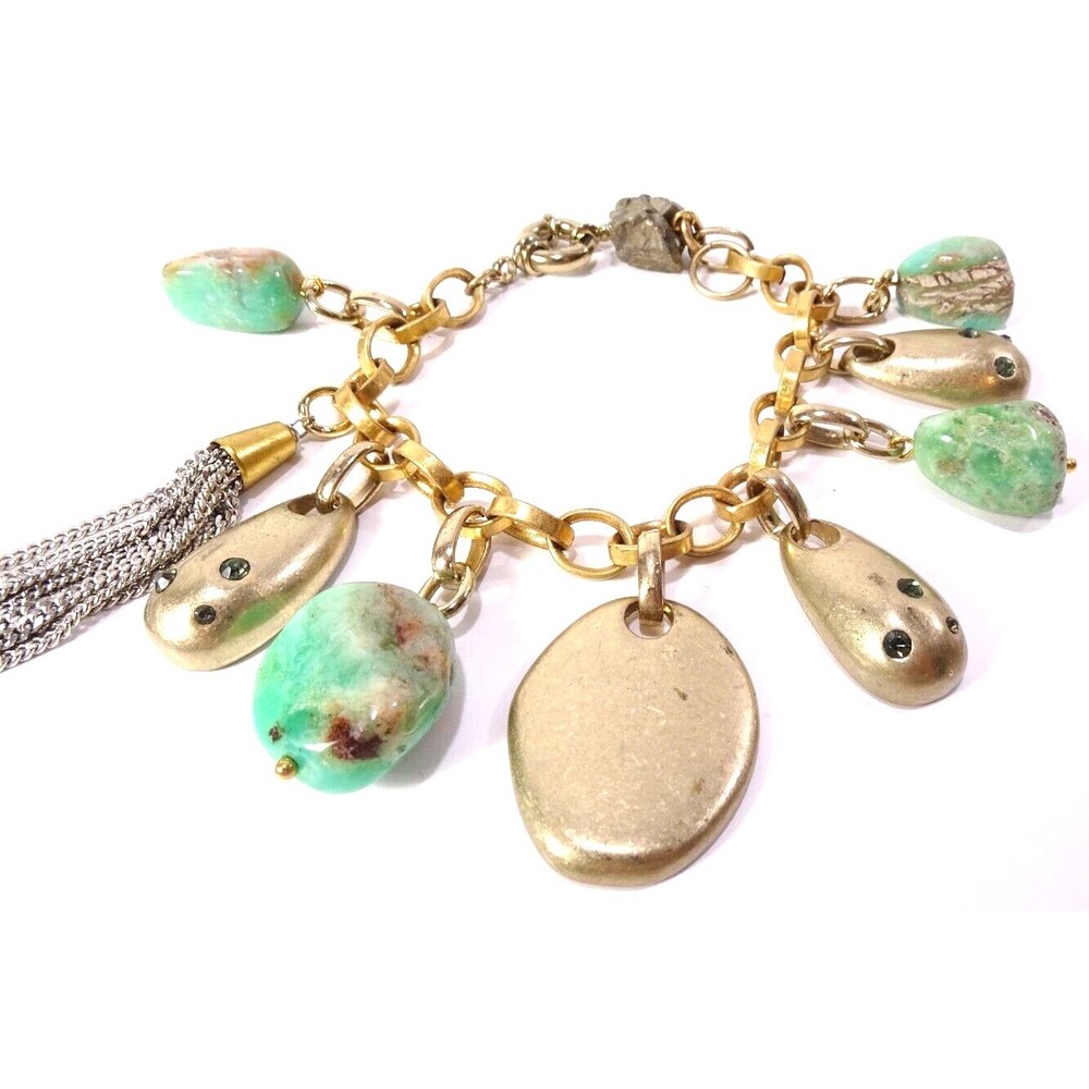 Designer Women's Green Sea Glass Brass Crystal Rock Chain Bracelet NWOT 350
